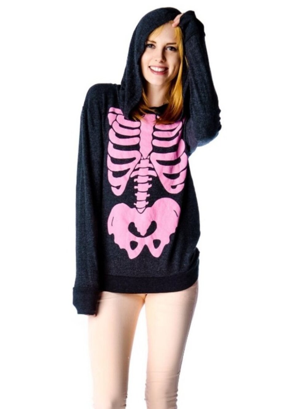 Wildfox Pink Inside Out Barbie Skeleton Graphic Pullover Sweater Hoodie